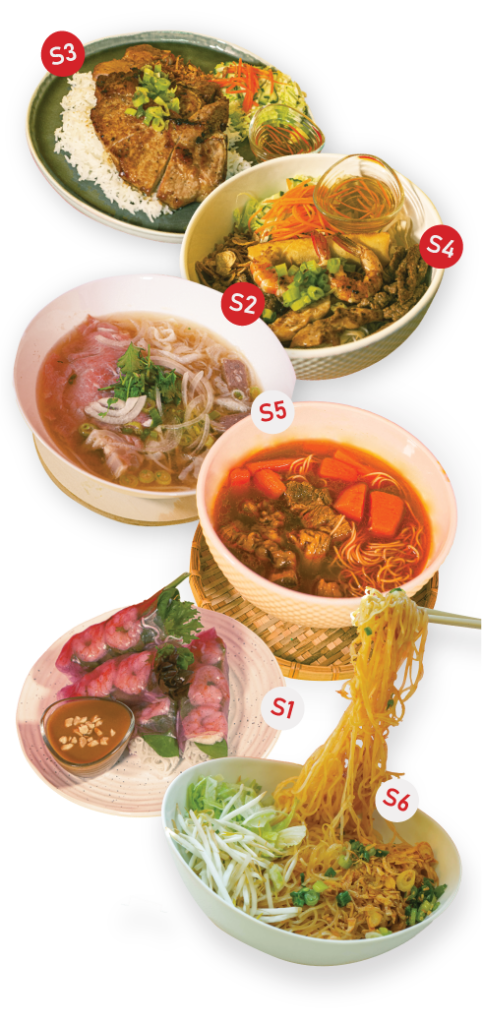 Specials section includes pork chops on rice, 5-colour vermicelli bowl, special pho, beef stew with egg noodles, dragonfruit salad rolls, mixy pho tron