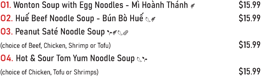 O1. Wonton Soup with Egg Noodles - Mì Hoành Thánh - $15.99
O2. Huế Beef Noodle Soup - Bún Bò Huế - $15.99
O3. Peanut Saté Noodle Soup (choice of Beef, Chicken, Shrimp or Tofu) - $15.99
O4. Hot & Sour Tom Yum Noodle Soup (choice of Chicken, Tofu or Shrimps) - $15.99