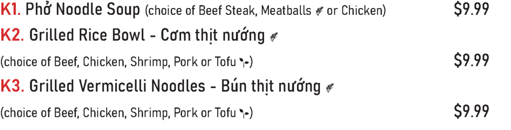 K1. Phở Noodle Soup (choice of Beef Steak, Meatballs or Chicken) - $9.99
K2. Grilled Rice Bowl - Cơm thịt nướng (choice of Beef, Chicken, Shrimp, Pork or Tofu)  - $9.99
K3. Grilled Vermicelli Noodles - Bún thịt nướng (choice of Beef, Chicken, Shrimp, Pork or Tofu) - $9.99