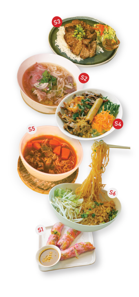 Special section includes pork chops on rice, special pho, 5 colour vermicelli bowl, beef stew egg noodle soup with carrots, mixy pho and dragonfruit salad rolls.